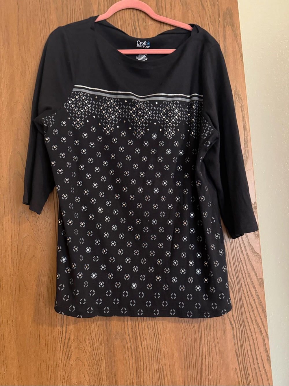 croft & barrow Black Geometric Scoop Neck 3/4 Sleeve Top